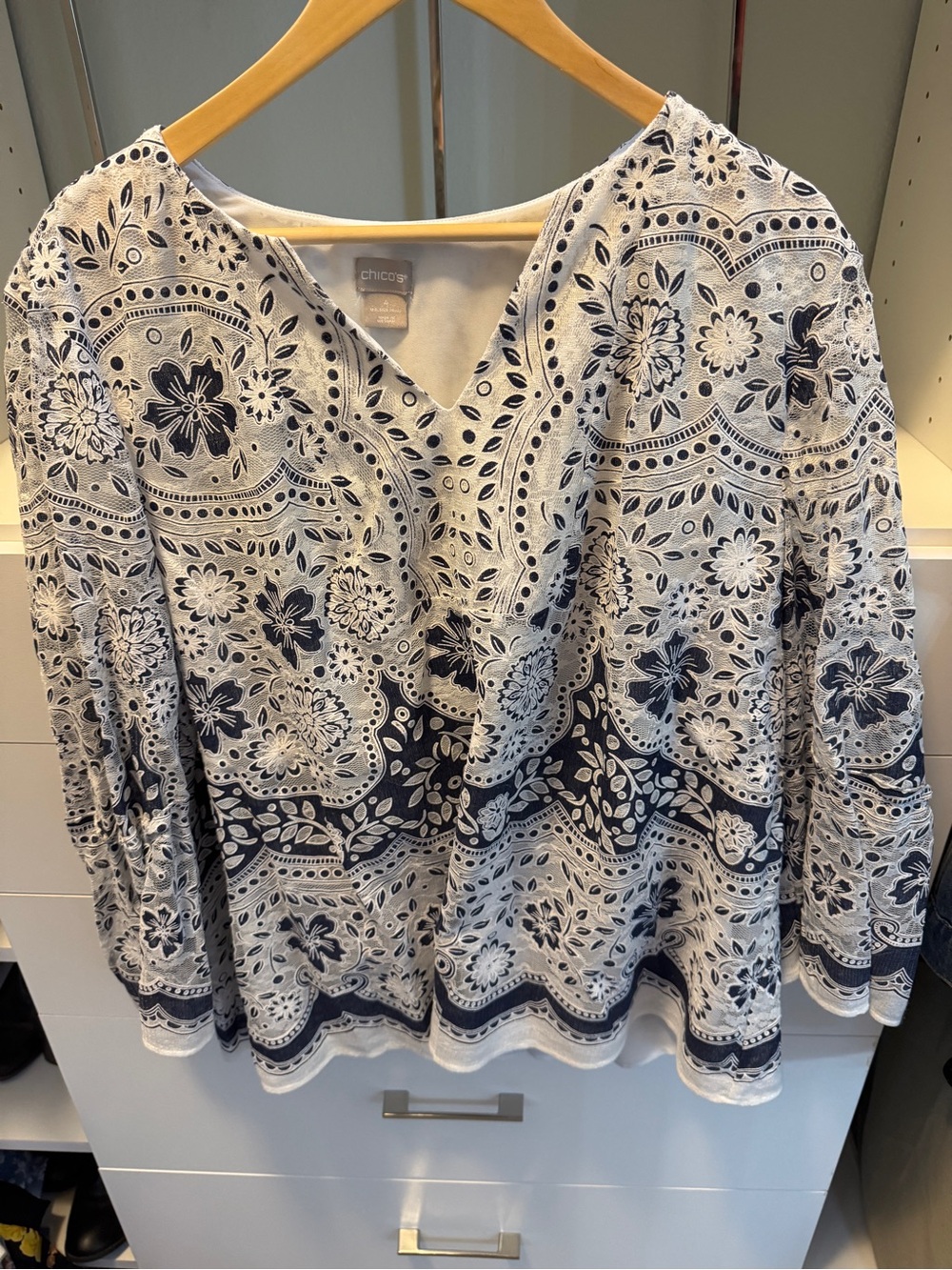 Chico's Navy and White Floral-Paisley V-Neck Tunic